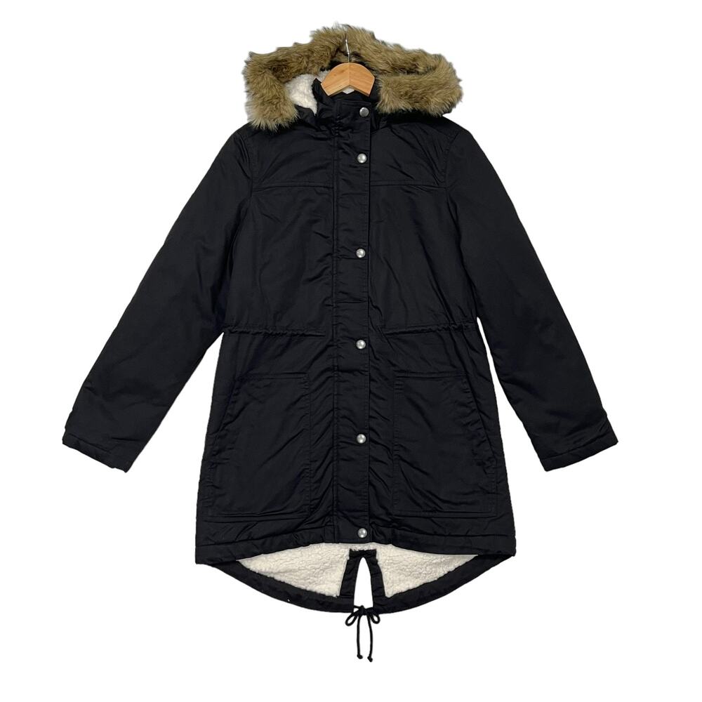 Gap Sherpa Parka Jacket Sz S True Black Hooded Faux Fur Trim Full Zip Winter